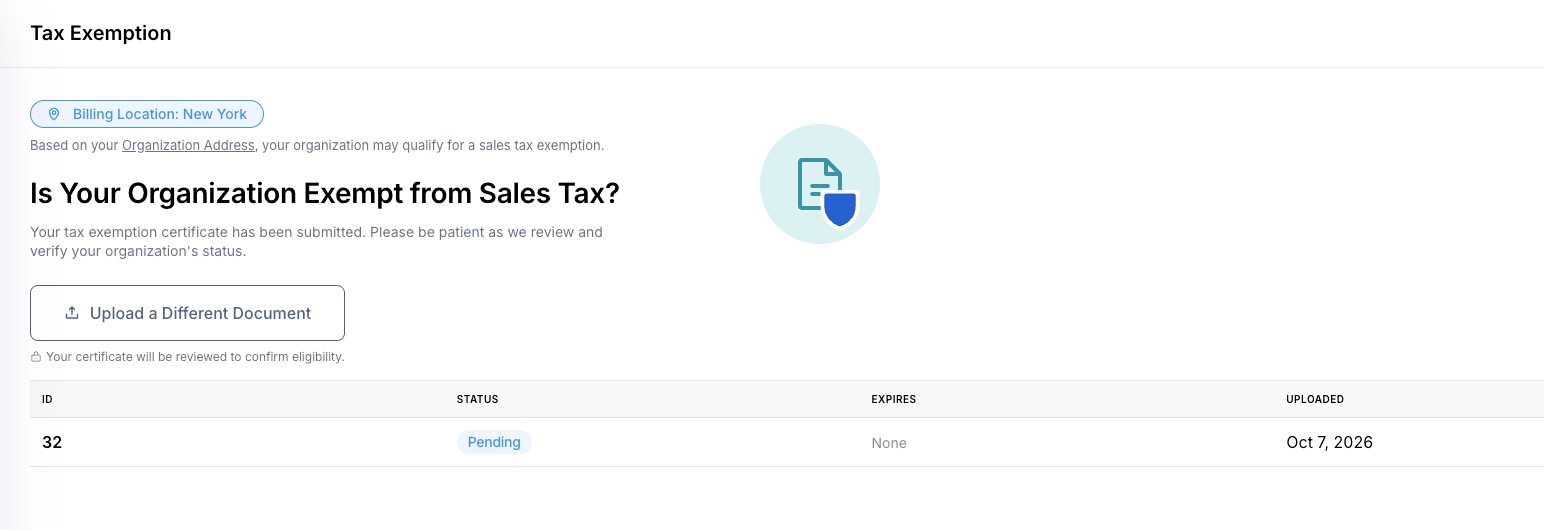 Sales Tax Certificate upload screen